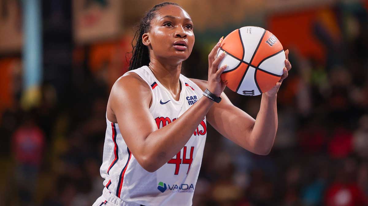 Washington Mystics forward Kiki Iriafen (44) shoots a free throw against the Atlanta Dream in the first quarter at Gateway Center Arena at College Park.