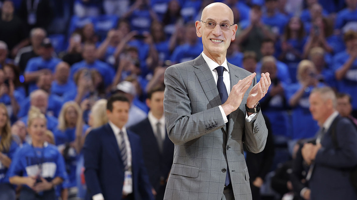 NBA commissioner is Adam Silver presents Oklahoma City Thunder guard Shai Gilgeous-Alexander (not pictured) with the Michael Jordan Trophy for winning the most valuable player award for the 2024-25 season before game two of the western conference finals for the 2025 NBA Playoffs at Paycom Center with All-Star Game format in the background