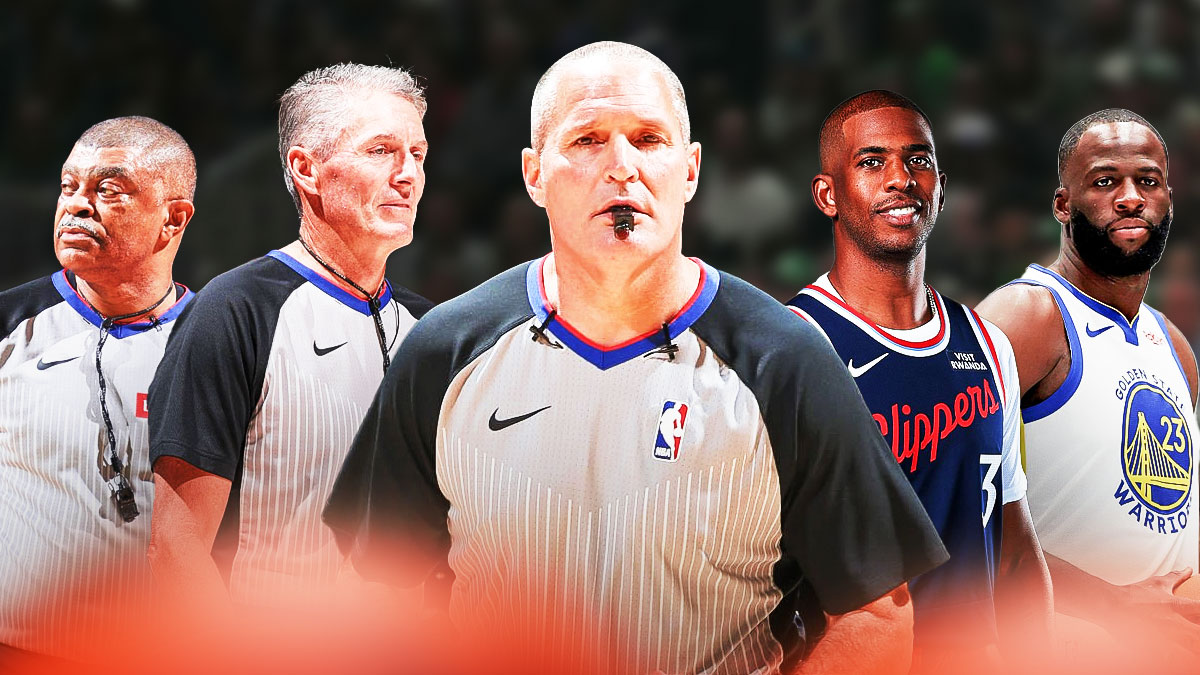NBA VP Monty McCutchen (front) NBA refs Scott Foster, Tony Brothers, Chris Paul, Draymond Green