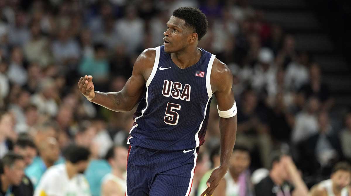 United States guard Anthony Edwards (5) reacts in the fourth quarter against Brazil in a men’s basketball quarterfinal game during the Paris 2024 Olympic Summer Games at Accor Arena.