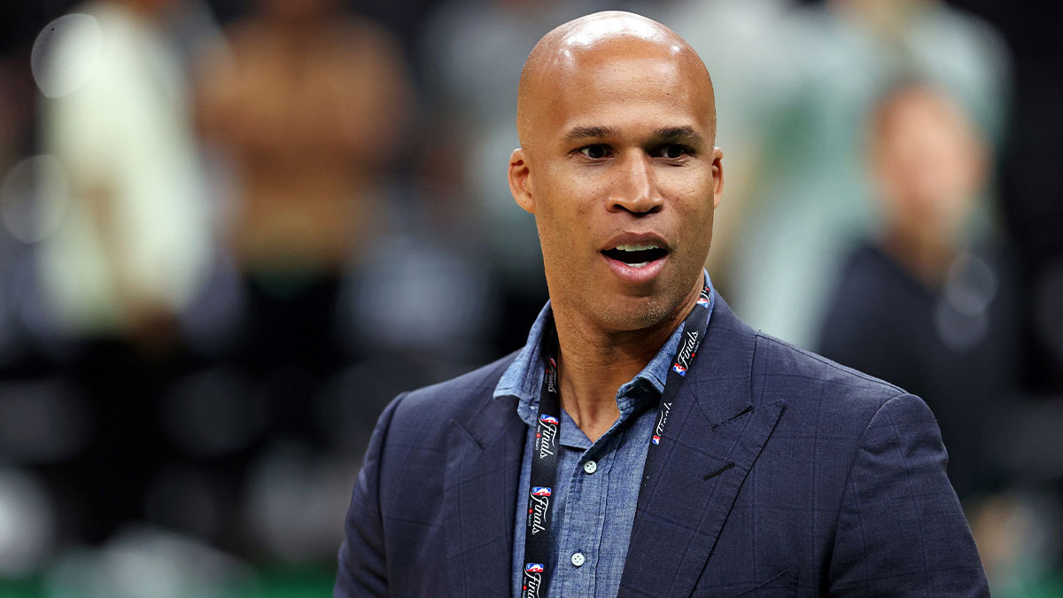 analyst and former player Richard Jefferson during the NBA Finals Media Day at TD Garden with LeBron James in the background
