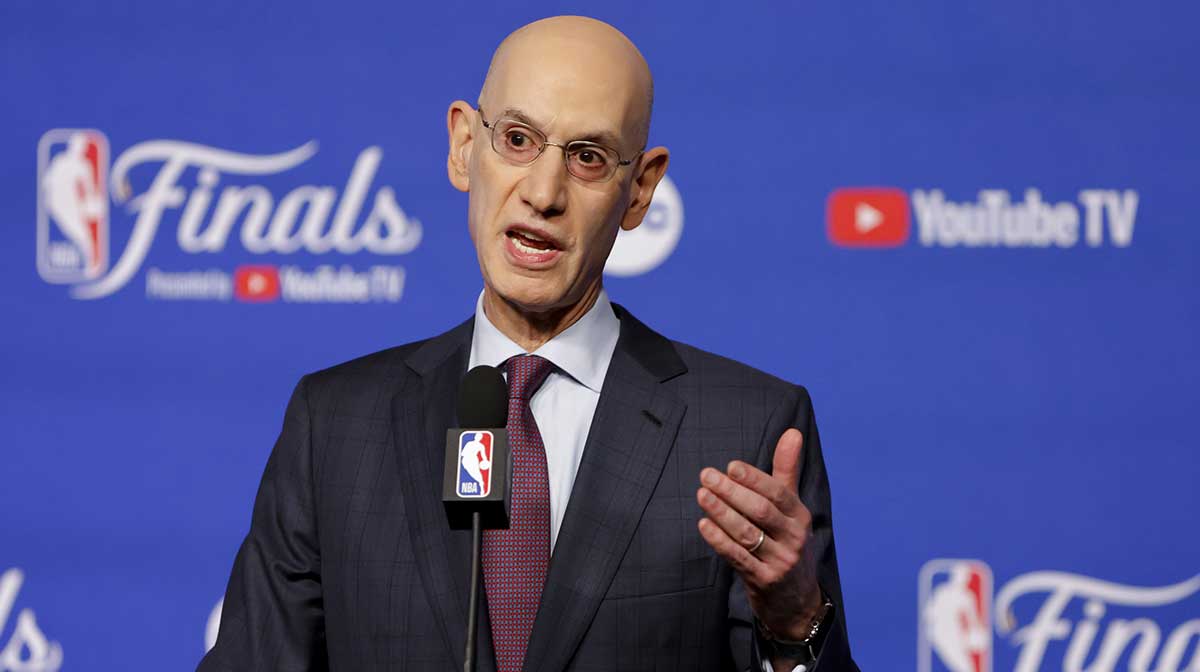NBA commissioner Adam Silver speaks to the media before game one between the Oklahoma City Thunder and the Indiana Pacers in the 2025 NBA Finals at Paycom Center