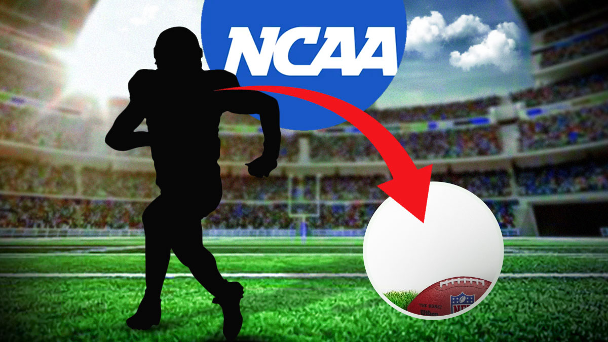 NCAA Logo in the center. Mystery team image on the left with an arrow going right to a new mystery team. Football field background.