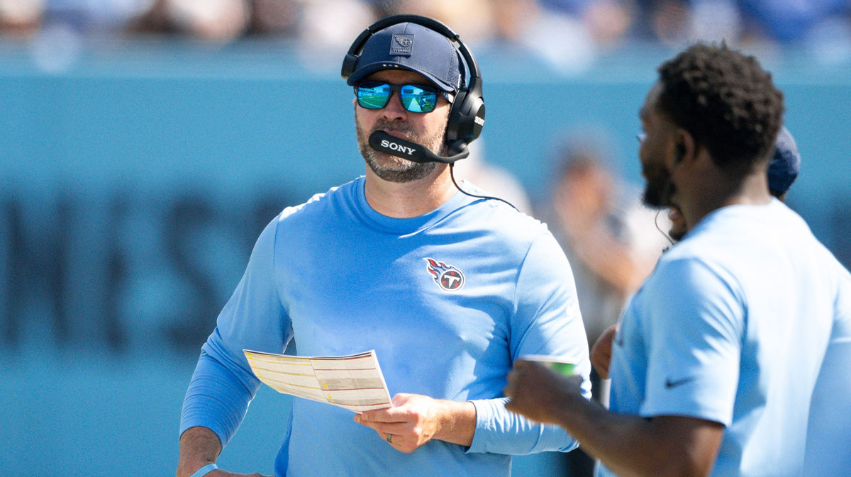 Sep 21, 2025; Nashville, Tennessee, USA; Tennessee Titans head coach Brian Callahan paces the sidelines against the Indianapolis Colts during the second half at Nissan Stadium.