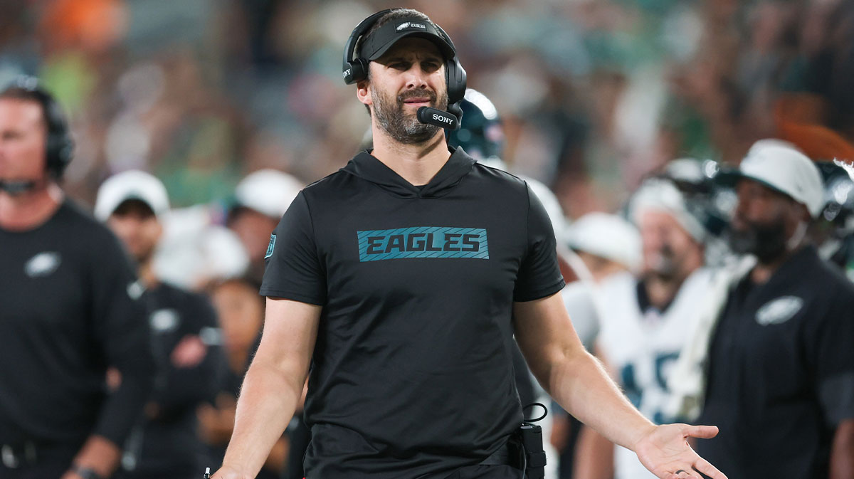 Philadelphia Eagles head coach Nick Sirianni reacts during the second half against the New York Jets at MetLife Stadium.