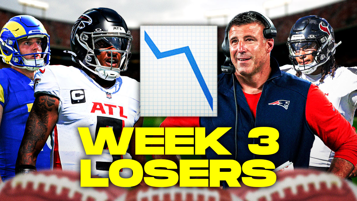 Stock Down emoji in the middle with Falcons QB Michael Penix Jr., Rams kicker Joshua Karty, Patriots HC Mike Vrabel, Texans QB CJ Stroud around it "Week 3 Losers" text at the bottom