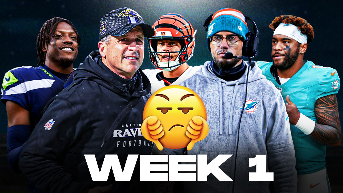 Thumbs down emoji in the middle with Ravens' John Harbaugh, Bengals' Joe Burrow, Dolphins' Mike McDaniel and Tua Tagovailoa and Seahawks' Tariq Woolen around it. "Week 1" at the bottom of the graphic in the center