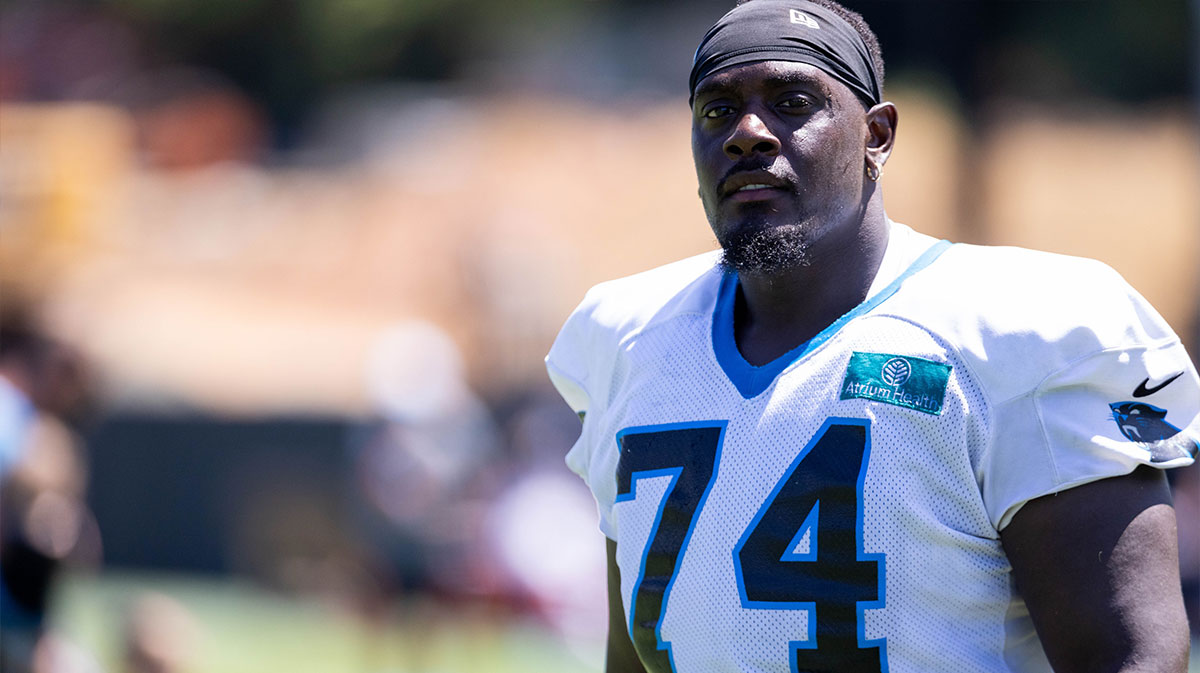 Carolina Panthers defensive tackle Sam Roberts (74) walks off after practice during training camp.