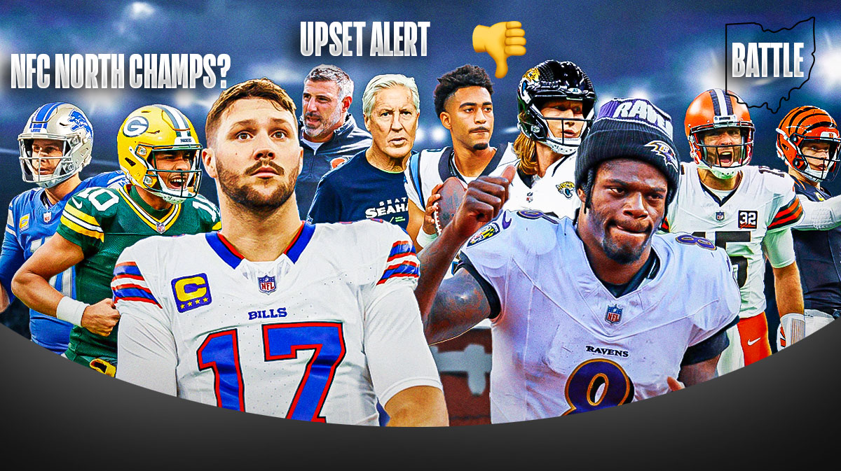 The NFL picks, predictions, odds for Week 1 column featuring Bills Josh Allen and Ravens Lamer Jackson large and in the middle surounded by... - Lions Jared Goff next to Packers Jordan Love with NFC NORTH CHAMPS? stamped over them - Bengals Joe Burrow next to Browns Joe Flacco with an outline of Ohio and the word BATTLE inside it - Raiders Pete Carroll next to Patriots Mike Vrabel and UPSET ALERT stamped over them - Panther Bryce Young next to Jaguars Trevor Lawrence and thumbs down emoji