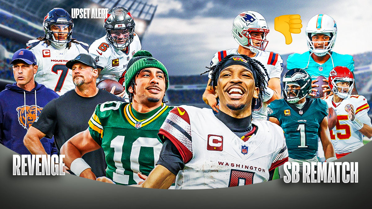 The ClutchPoints 2025 NFL Week 2 picks, predictions, and odds column featuring - - Commanders Jayden Daniels and Packers Jordan Love large and in the middle surrounded by... - Lions Dan Campbell next to Bears Ben Johnson with REVENGE under them - Chiefs Patrick Mahomes and Eagles Jalen Hurts with SB REMATCH under them - Buccaneers Baker Mayfield and Texans CJ Stroud and UPSET ALERT stamped over them - Patriots Drake Maye next to Dolphins Tua Tagovailoa and a thumbs down emoji
