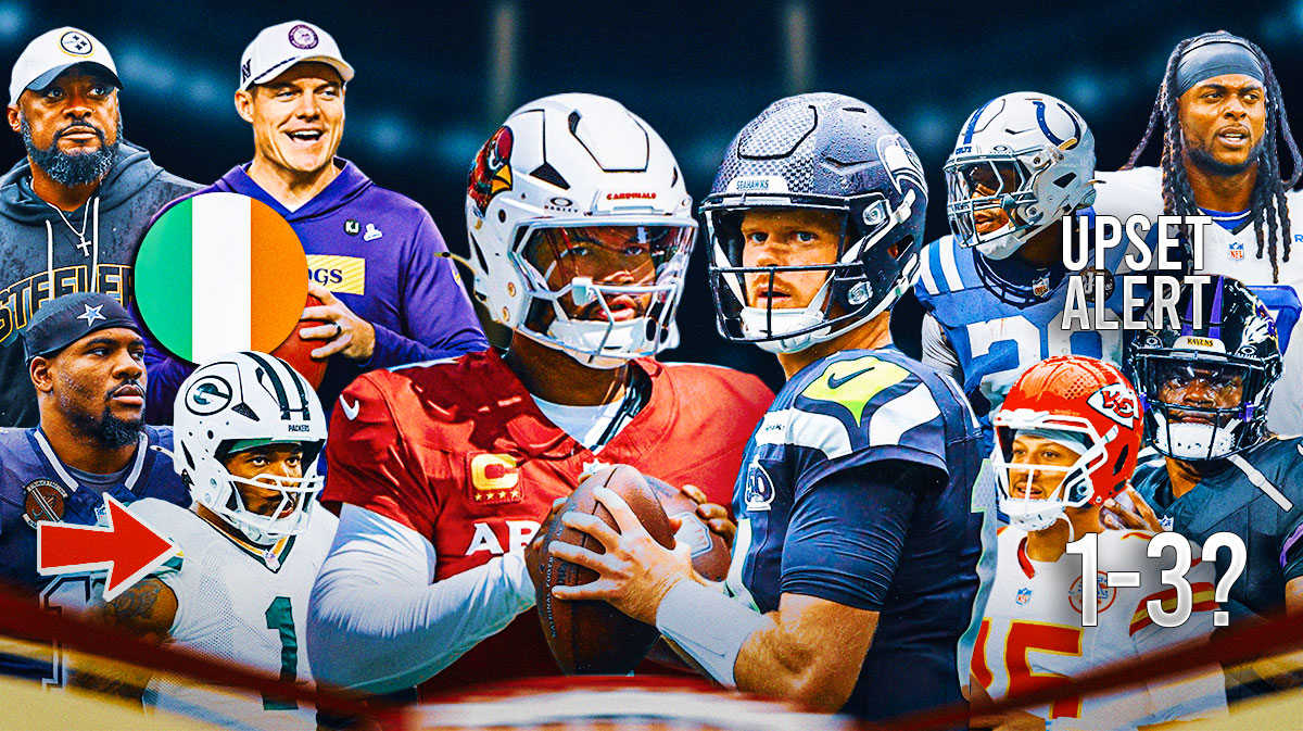 The ClutchPoints 2025 NFL Week 4 picks, predictions, and odds column featuring... - Cardinals Kyler Murray and Seahawks Sam Darnold large and in the middle surrounded by... - Micah Parsons in a Cowboys jersey with and arrow to Micah Parsons in a Packers jersey - Steelers Mike Tomlin and Vikings Kevin O'Connell with an Ireland Flag underneath them - Chiefs Patrick Mahomes and Ravens Lamar Jackson with "1-3?" under them - Colts Jonathan Taylor and Rams Davante Adams "UPSET ALERT" underneath