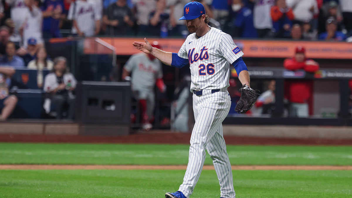 New York Mets starting pitcher Nolan McLean (26) reacts after the bottom of the eighth inning against the Philadelphia Phillies at Citi Field.