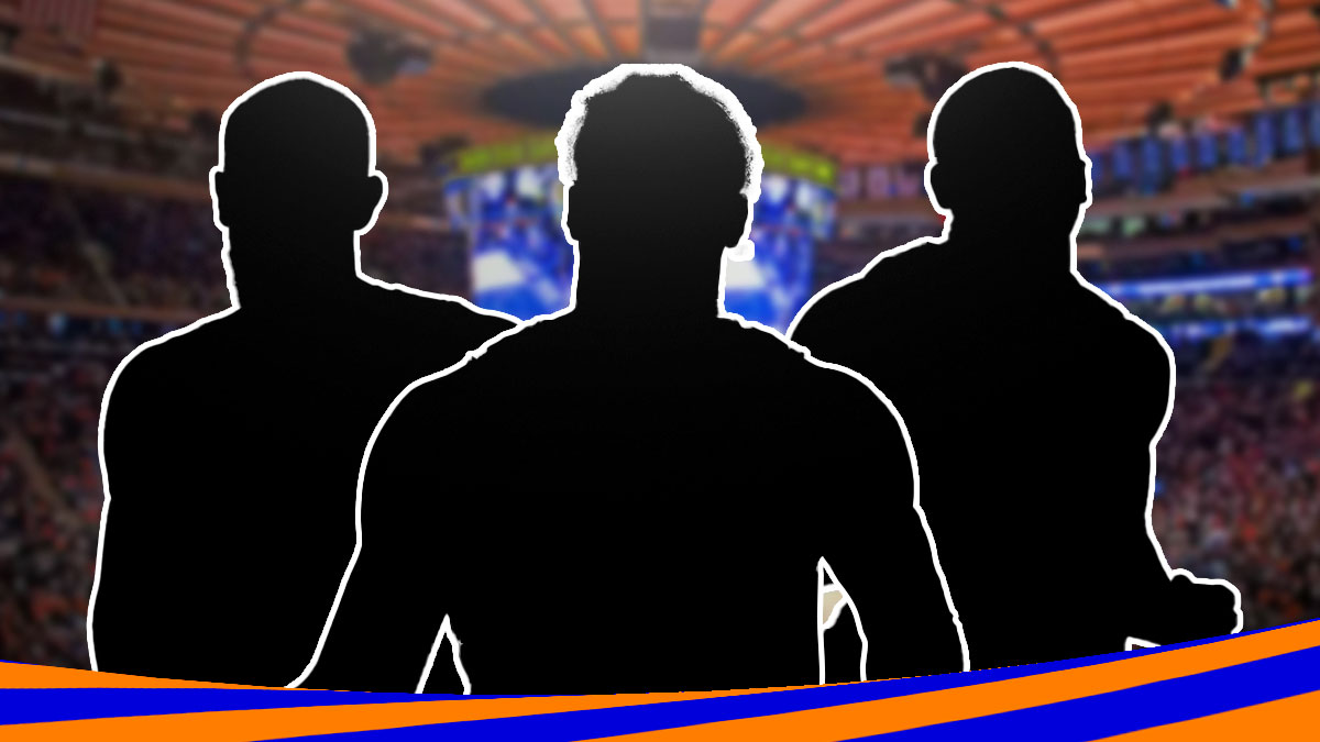 Black silhouettes of Alex Len, Dennis Smith Jr., and Trey Jemison III with Knicks Madison Square Garden behind them. Can put orange and blue stripes at the bottom
