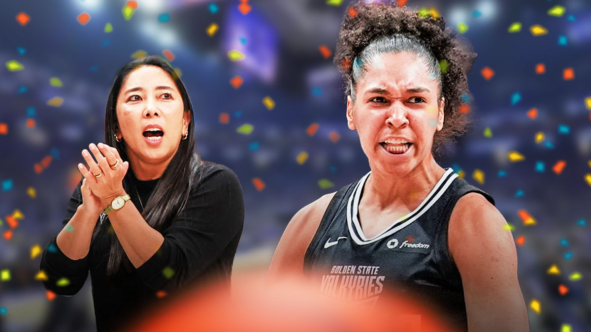 Valkyries Janelle Salaun with confetti raining down on her with Natalie Nakase clapping in applause next to her