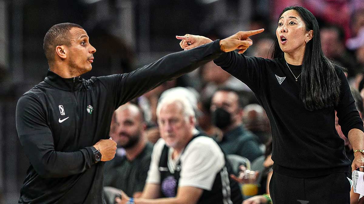Natalie Nakase and Joe Mazzulla pointing at each other (kinda like the Spider-Man meme)
