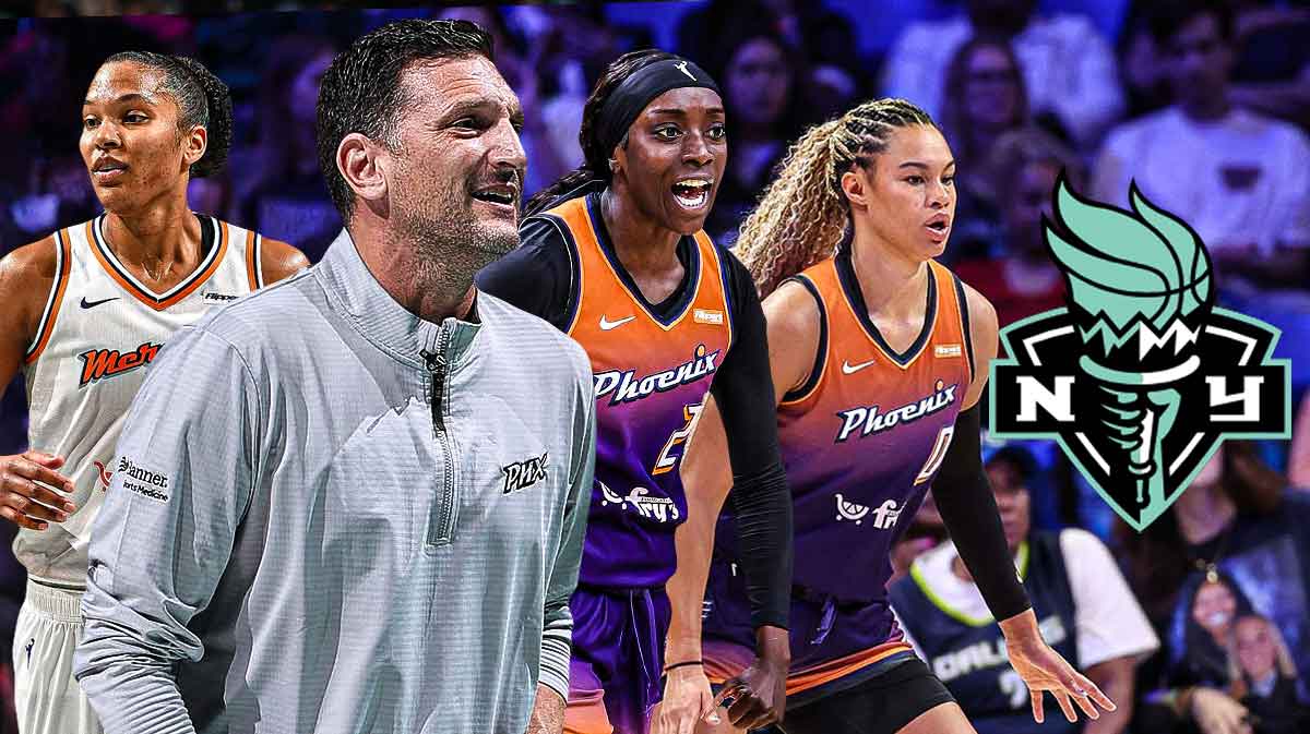 Nate Tibbetts smiling, with Phoenix Mercury forward Alyssa Thomas, guard Kahleah Copper, and forward Satou Sabally all in a defensive stance, with the New York Liberty logo next to them.