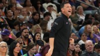 Phoenix Mercury head coach Nate Tibbetts yells out to his team as they play the Los Angeles Sparks at PHX Arena on Sept. 9, 2025.