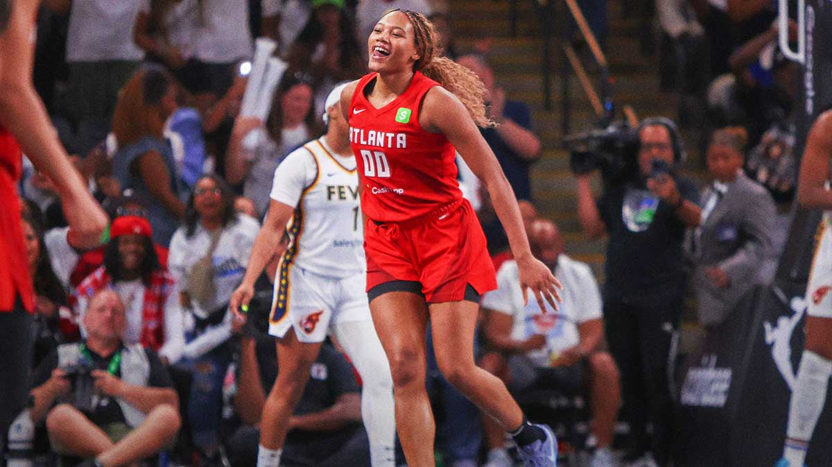 Atlanta Dream forward Naz Hillmon (00) reacts after a basket against the Indiana Fever in the fourth quarter during game one of round one for the 2025 WNBA Playoffs at Gateway Center Arena at College Park.