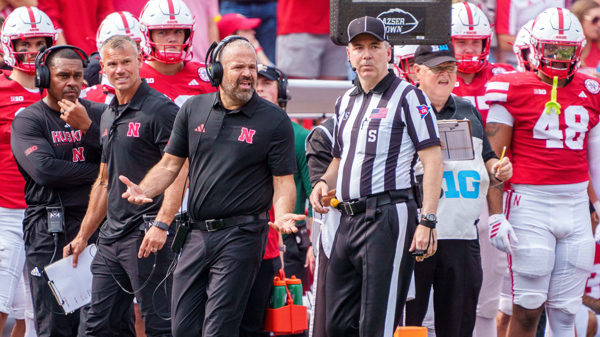 Nebraska Cornhuskers head coach Matt Rhule reacts to a call during the second quarter against the Michigan Wolverines at Memorial Stadium.