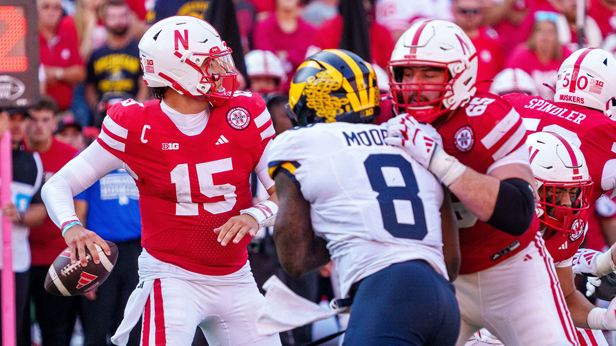 Nebraska Cornhuskers quarterback Dylan Raiola (15) passes against Michigan Wolverines edge Derrick Moore (8) during the third quarter at Memorial Stadium.