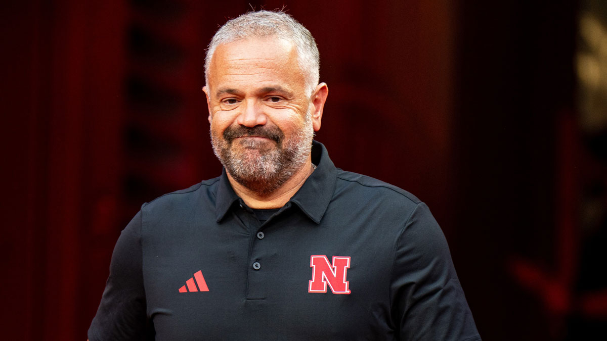 Nebraska Cornhuskers head coach Matt Rhule walks onto the field during warmups before the game against the Cincinnati Bearcats at GEHA Field at Arrowhead Stadium