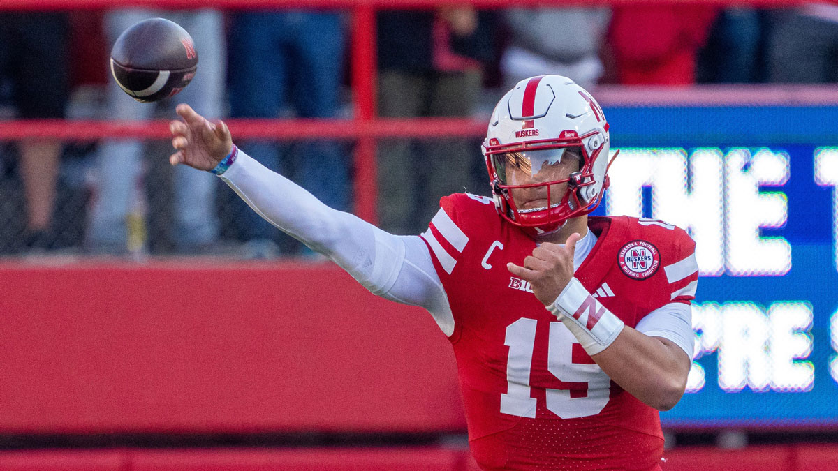 Nebraska Cornhuskers quarterback Dylan Raiola (15) passes against the Akron Zips during the first quarter at Memorial Stadium