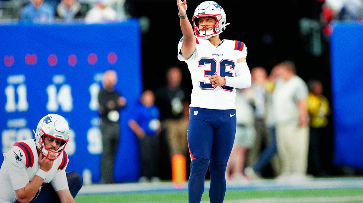 New England Patriots place kicker Andy Borregales (36) tries to line up a practice kick, Thursday, August 21, 2025, in East Rutherford.