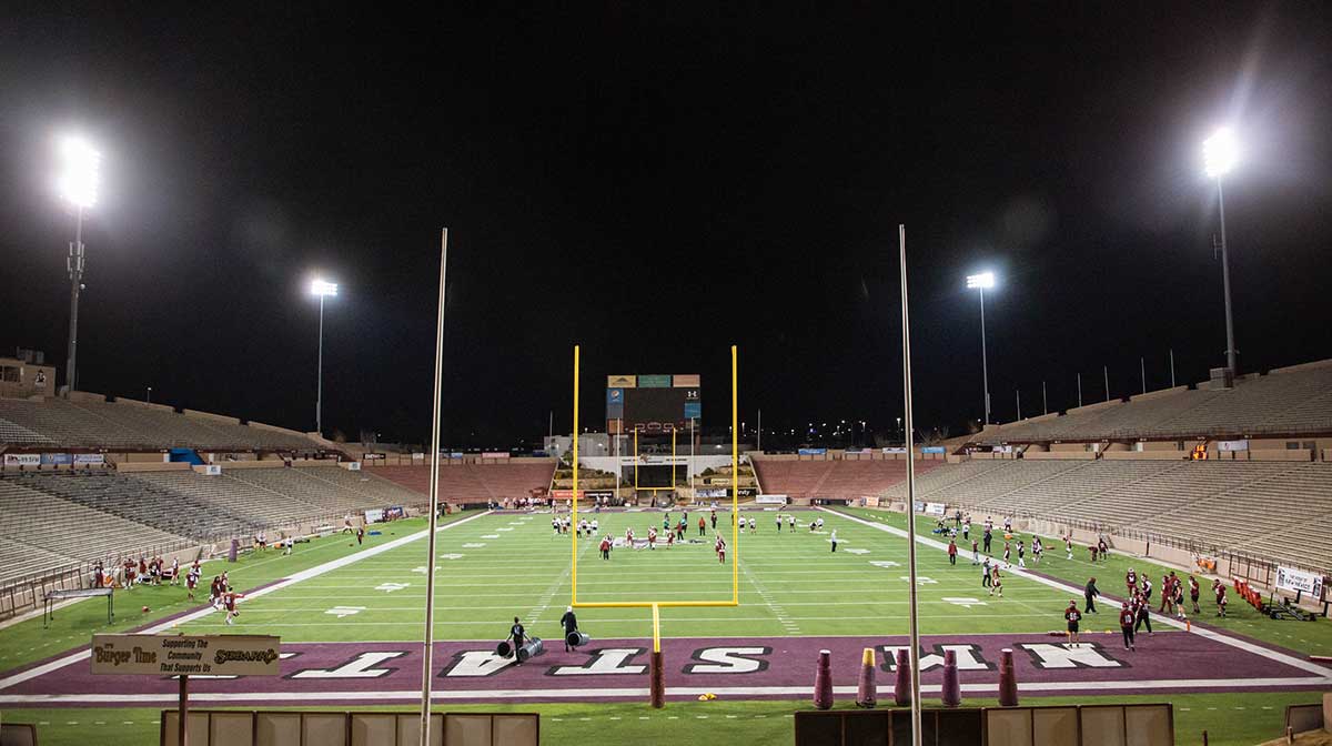 The NMSU football team run drills at the first New Mexico State football practice of 2021 at Aggie Memorial Stadium in Las Cruces on Friday, Jan. 22, 2021.