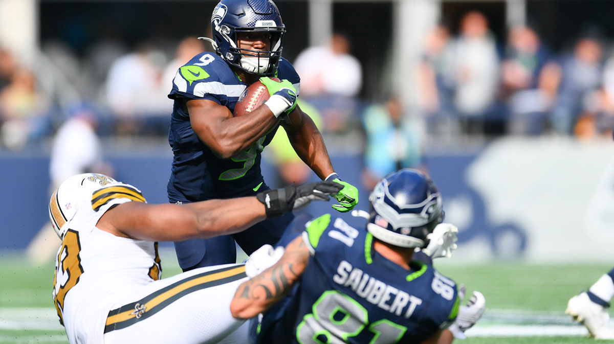 Seattle Seahawks running back Kenneth Walker III (9) carries the ball during the third quarter against the New Orleans Saints at Lumen Field.