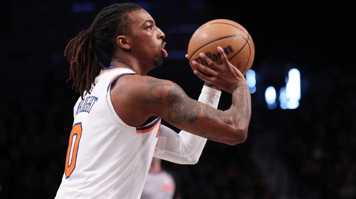 New York Knicks guard Delon Wright (0) shoots the ball during the first half against the Brooklyn Nets at Barclays Center.