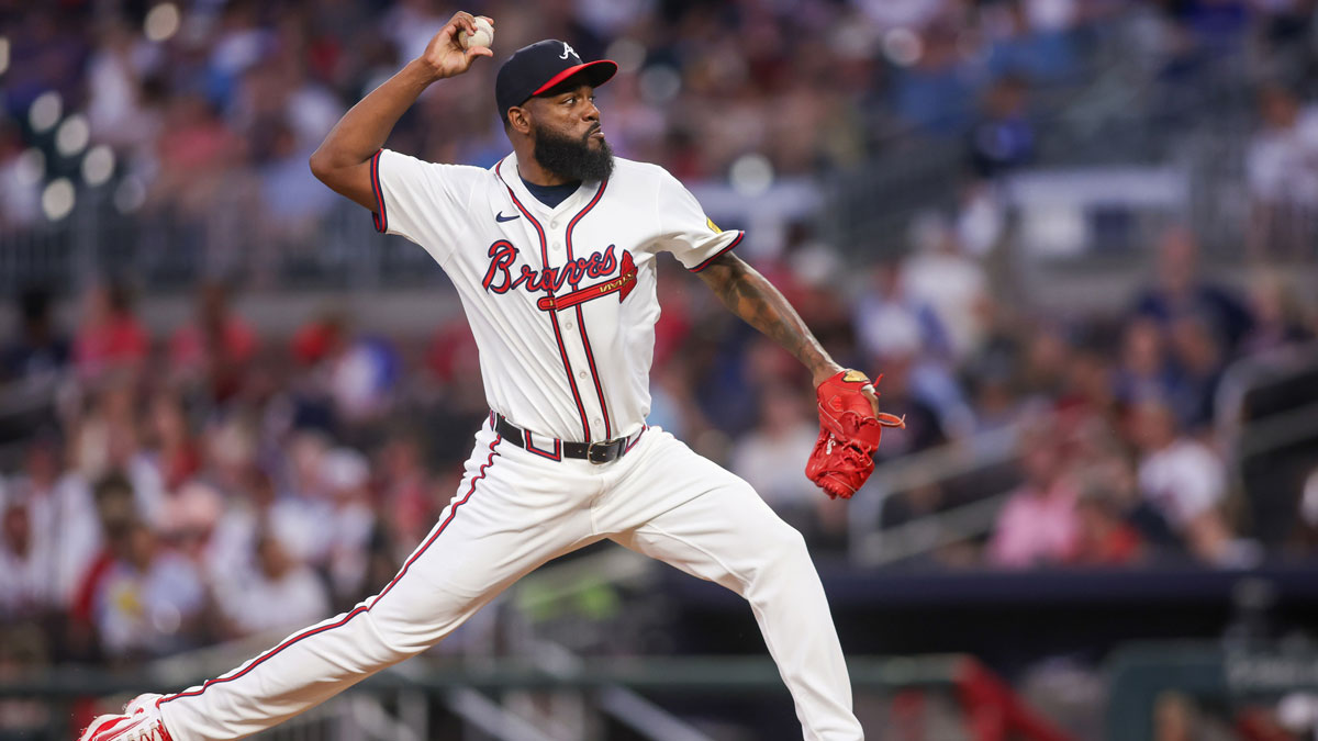 Atlanta Braves relief pitcher Wander Suero (45) throws against the San Francisco Giants in the sixth inning at Truist Park.