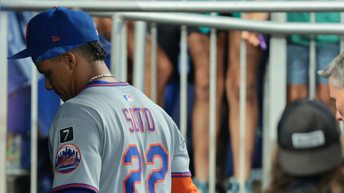 New York Mets right fielder Juan Soto (22) leaves the dugout after the game against the Miami Marlins at loanDepot Park. Mandatory Credit: Sam Navarro-Imagn Images