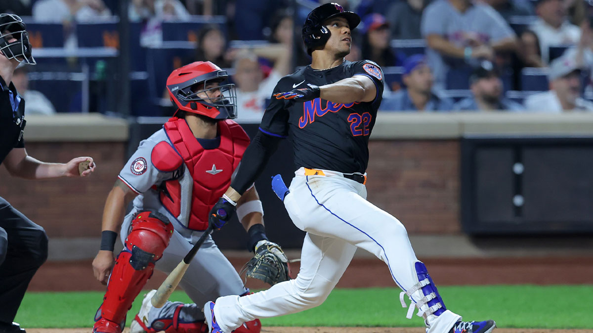 New York City, New York, USA; New York Mets right fielder Juan Soto (22) follows through on a three run home run against the Washington Nationals during the fourth inning at Citi Field.