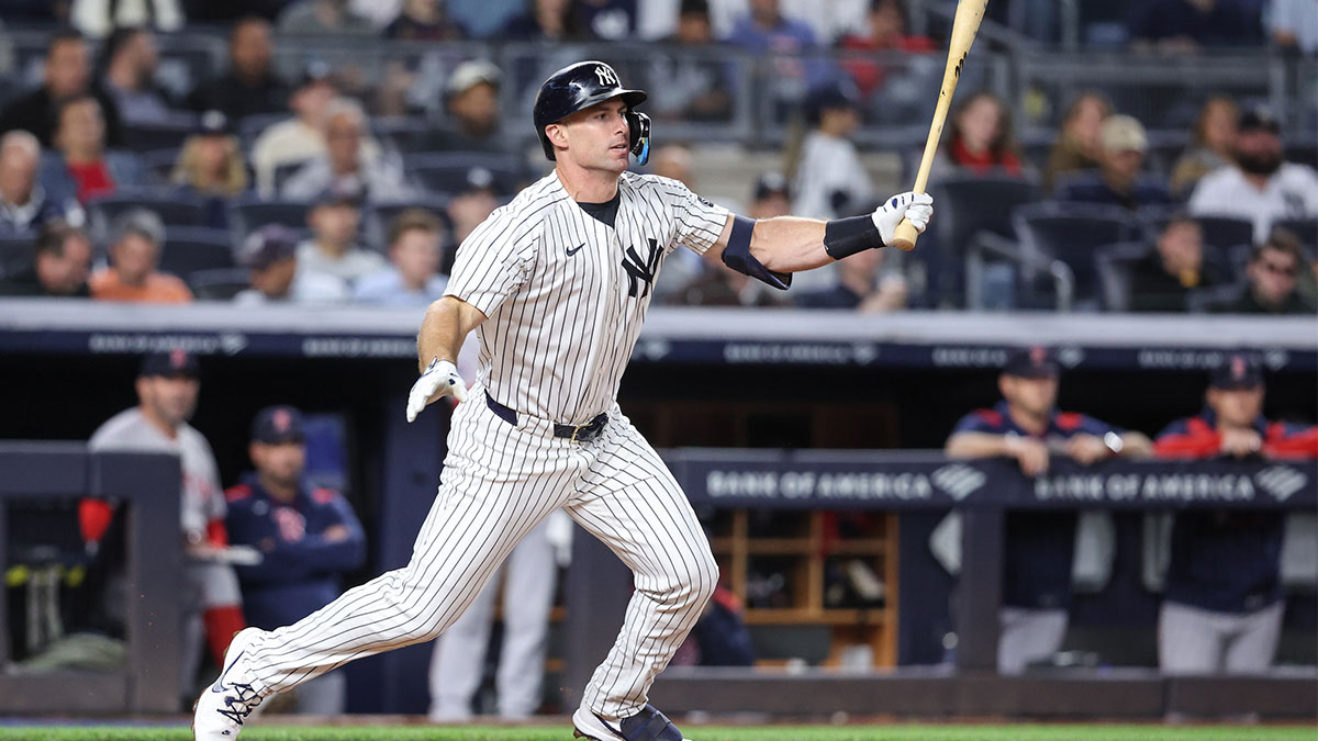  New York Yankees first base Paul Goldschmidt (48) hits an RBI single in the fourth inning against the Boston Red Sox at Yankee Stadium. Mandatory Credit: Wendell Cruz-Imagn Images