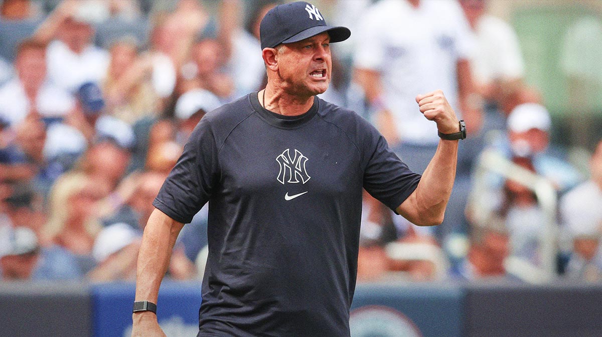 New York Yankees manager Aaron Boone (17) argues with first base umpire Dan Iassogna (58) in the fifth inning against the Baltimore Orioles at Yankee Stadium.
