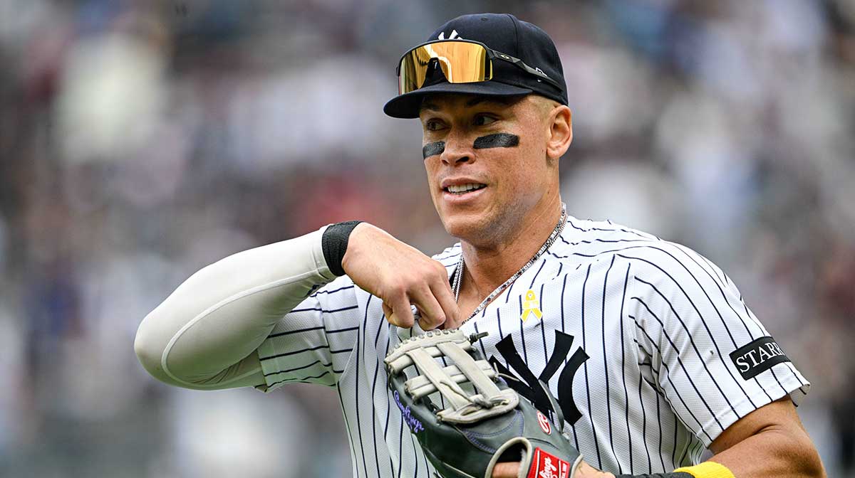 New York Yankees right fielder Aaron Judge (99) reacts after a catch during the fourth inning against the Toronto Blue Jays at Yankee Stadium.