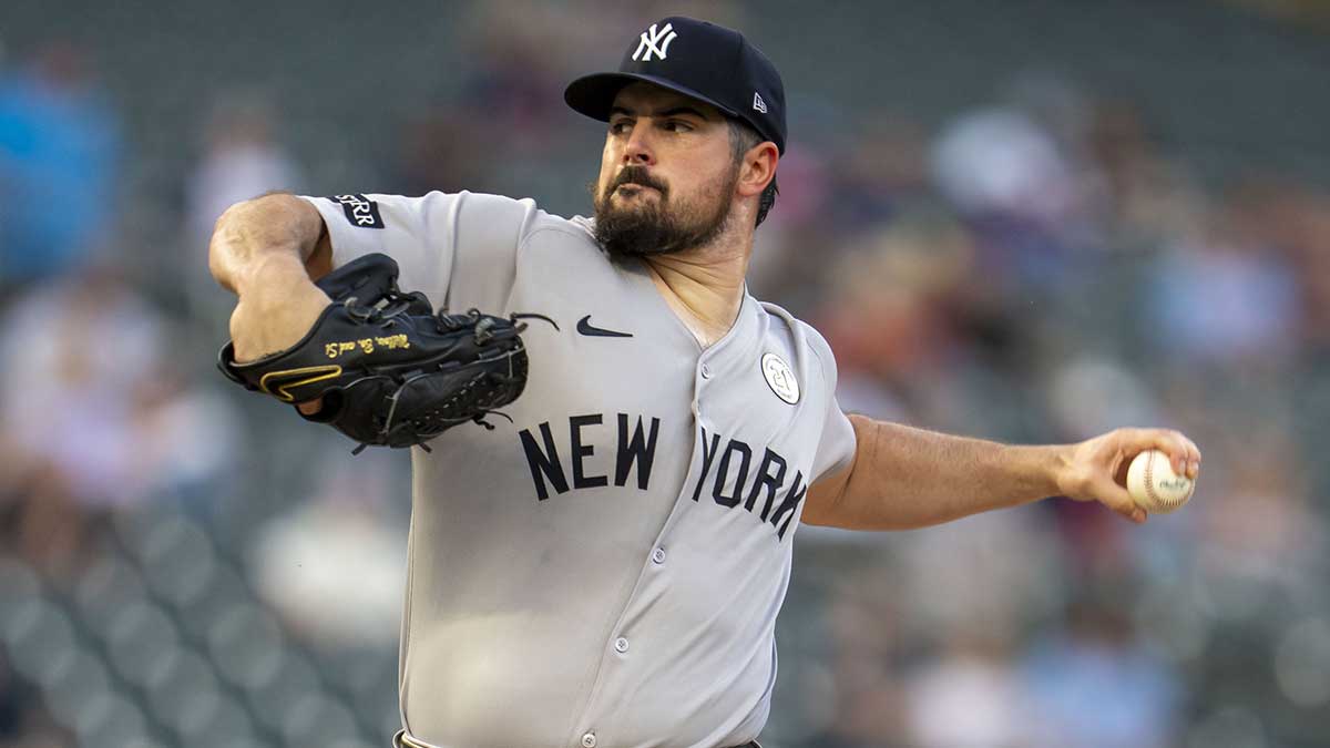 New York Yankees starting pitcher Carlos Rodon (55) delivers a pitch against the Minnesota Twins in the first inning at Target Field. Mandatory Credit: Jesse Johnson-Imagn Images