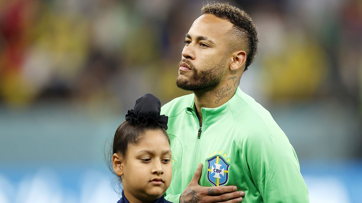Brazil forward Neymar (10) before the start of the match against Serbia in a group stage match during the 2022 World Cup at Lusail Stadium.