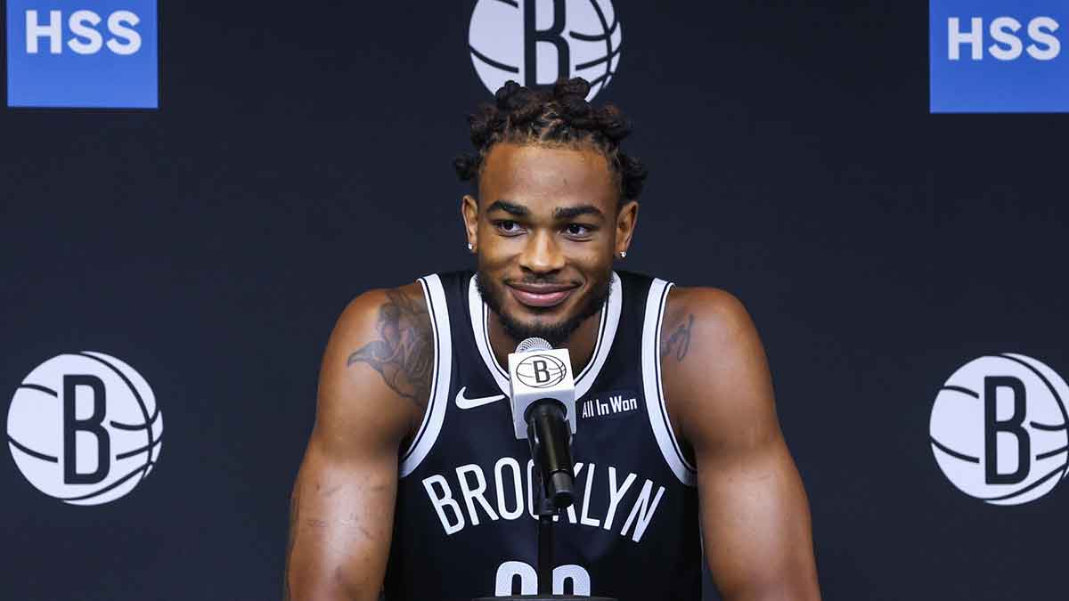 Brooklyn Nets center Nic Claxton (33) speaks at Media Day.