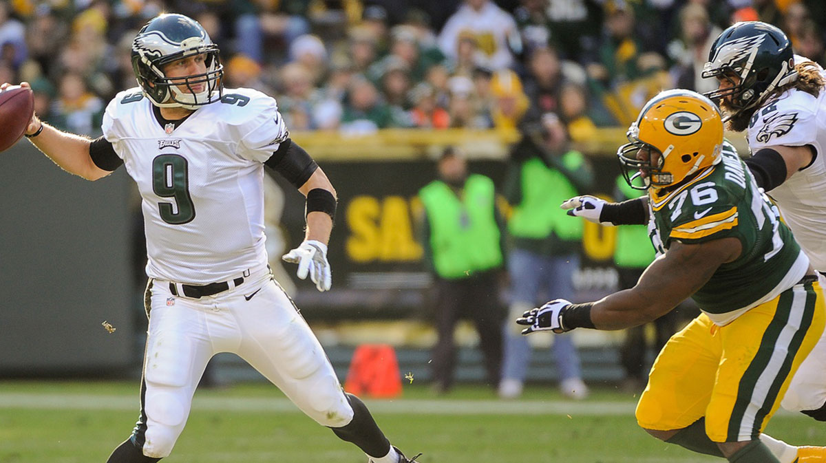 Philadelphia Eagles legend Nick Foles playing against the Green Bay Packers at Lambeau Field.