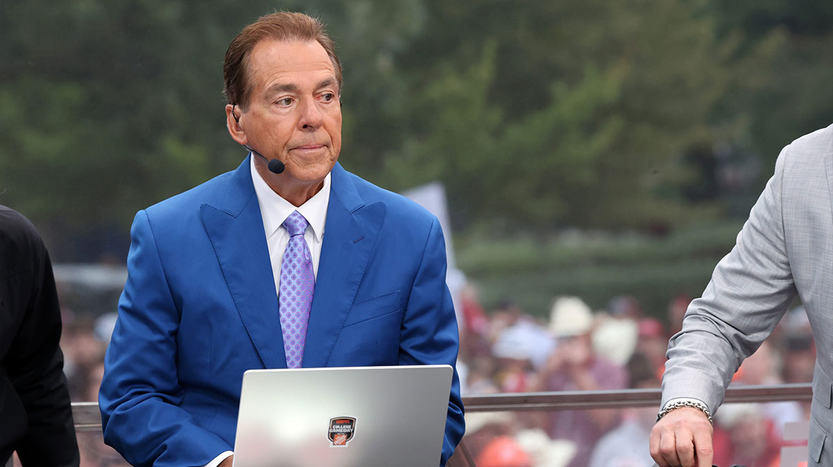 Former Alabama coach Nick Saban is on stage at ESPN College GameDay ahead of the University of Oklahoma-Michigan College football game.