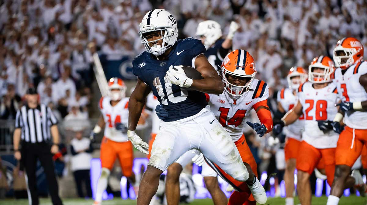 Penn State running back Nick Singleton (10) scores a 4-yard rushing touchdown in the third quarter of a Big Ten football game against Illinois, Saturday, Sept. 28, 2024, in State College, Pa.