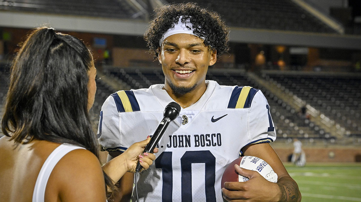 St. John Bosco Braves quarterback Pierce Clarkson (10) during the Prep Gridiron Tom Landry Classic between St. John Bosco Braves and the Allen Eagles at Eagle Stadium at Allen High School.