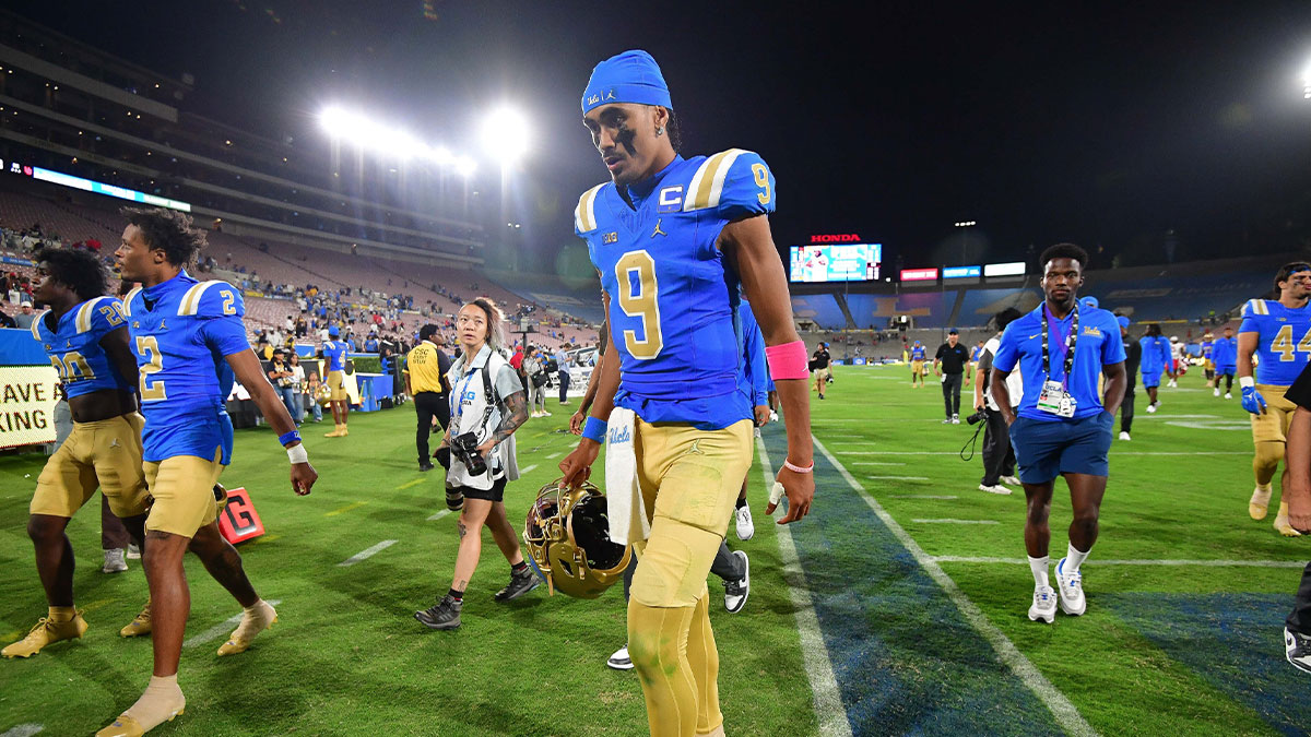 UCLA Bruins quarterback Nico Iamaleava (9) following the loss against the Utah Utes during the second half at Rose Bowl.