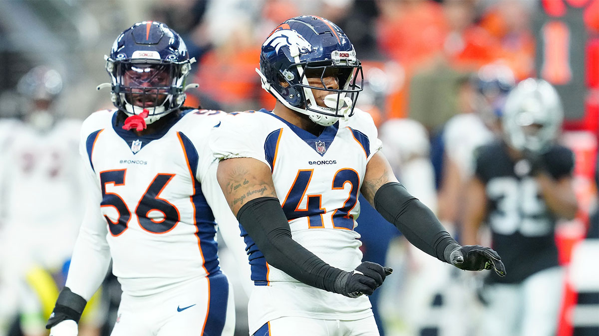 Denver Broncos linebacker Nik Bonitto (42) celebrates after getting a sack against the Las Vegas Raiders during the second quarter at Allegiant Stadium.