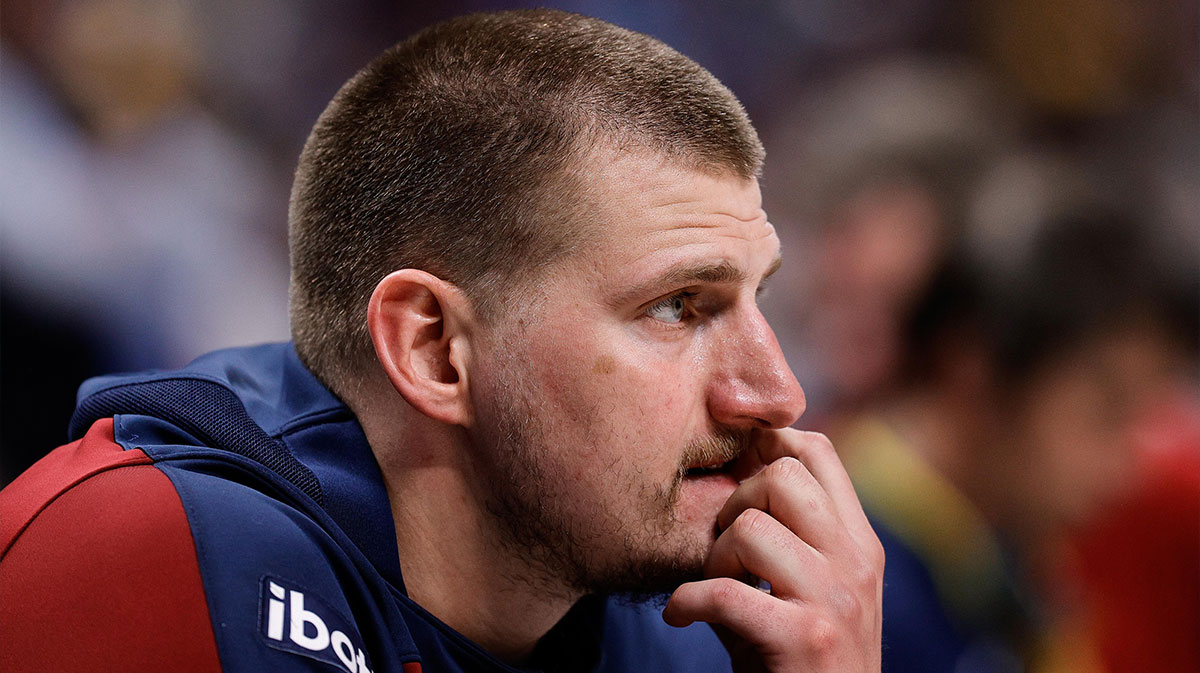 Denver Nuggets center Nikola Jokic (15) before the start of the third period against the Los Angeles Clippers during game two of first round for the 2025 NBA Playoffs at Ball Arena.