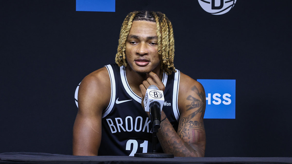 Brooklyn Nets forward Noah Clowney (21) speaks at Media Day.