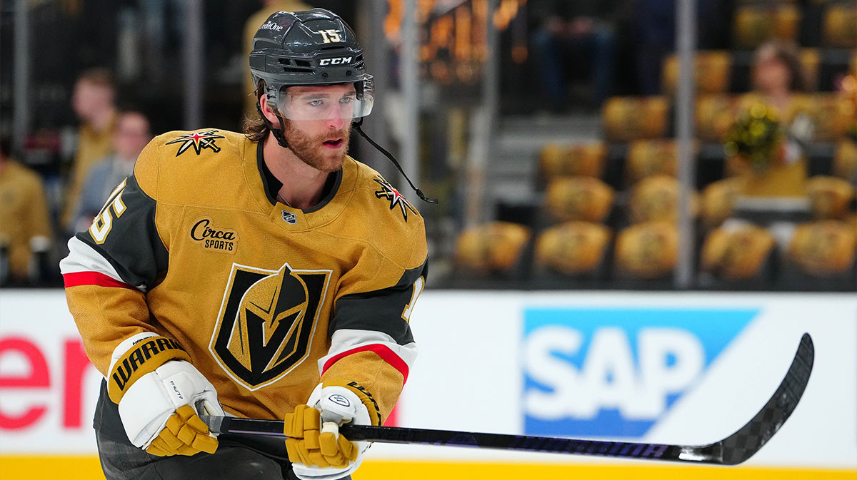 Vegas Golden Knights defenseman Noah Hanifin (15) warms up before game two of the second round of the 2025 Stanley Cup Playoffs against the Edmonton Oilers at T-Mobile Arena