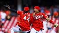 Cincinnati Reds outfielder Noelvi Marte (16) reacts with shortstop Elly De La Cruz (44) after the victory over the Pittsburgh Pirates at Great American Ball Park.