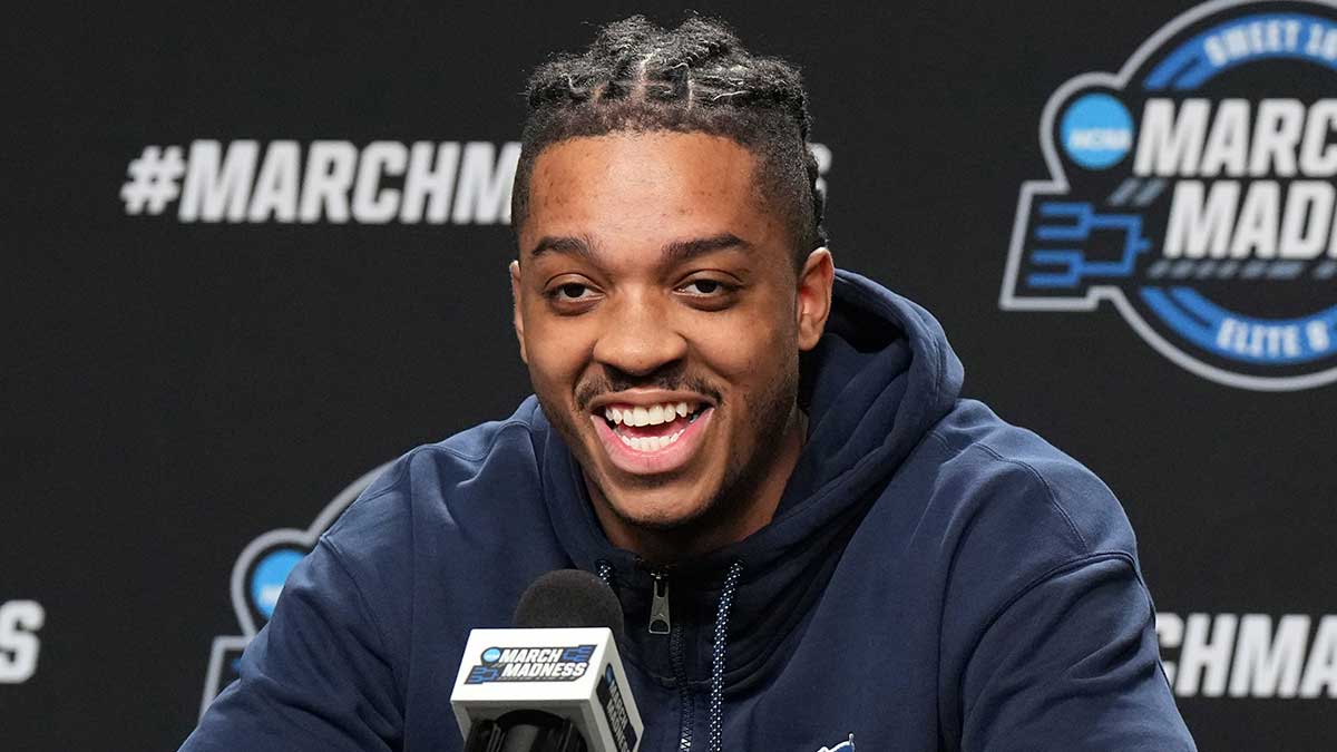 North Carolina Tar Heels forward Armando Bacot during a press conference prior to NCAA Tournament at West Regional at Crypto.com Arena.